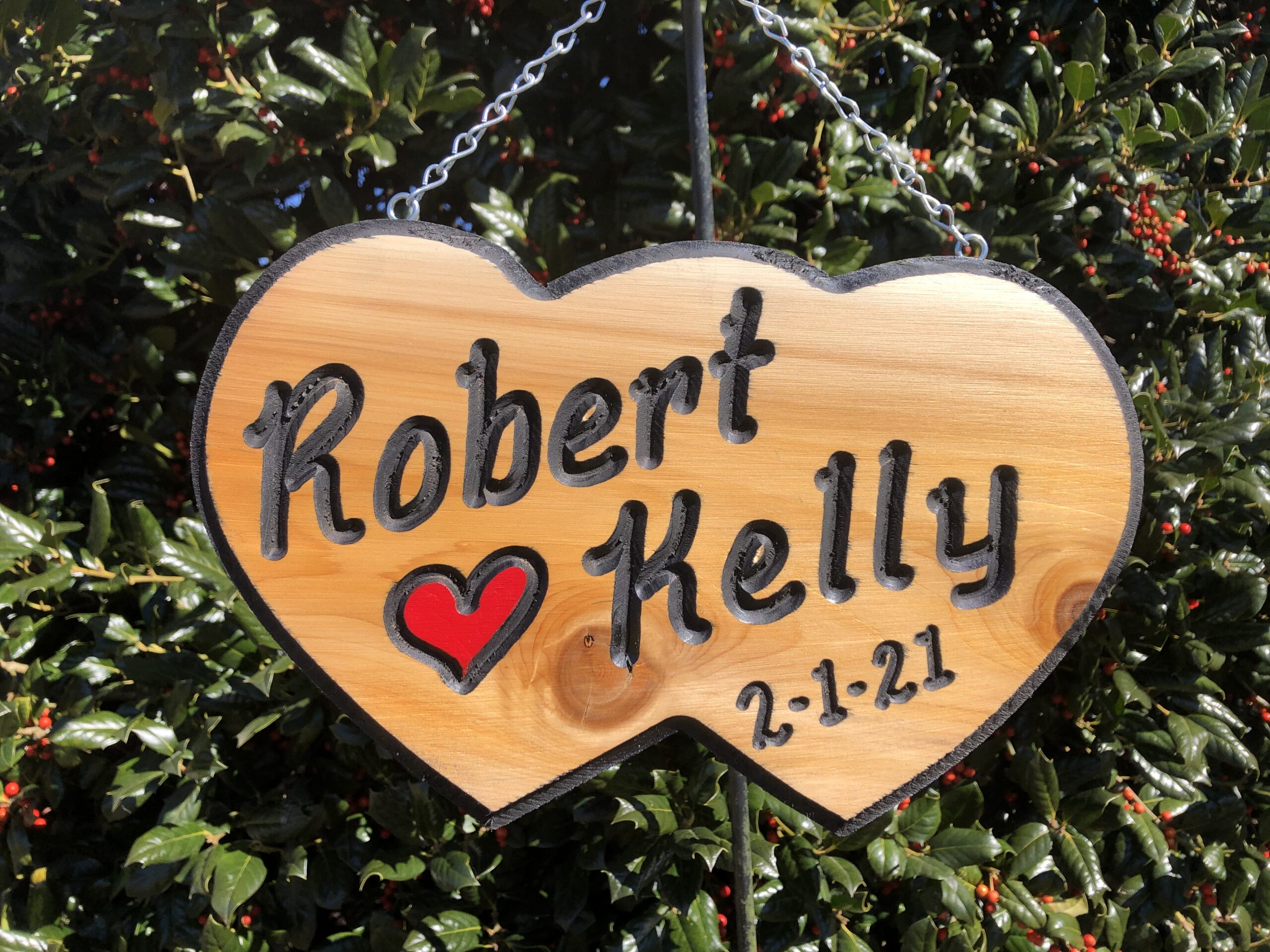 Personalised Wooden Wedding Heart Names and date cut into a love heart Valentines Day