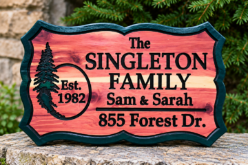 Engraved Family and Address Wood Sign with Pine Trees (Singleton)