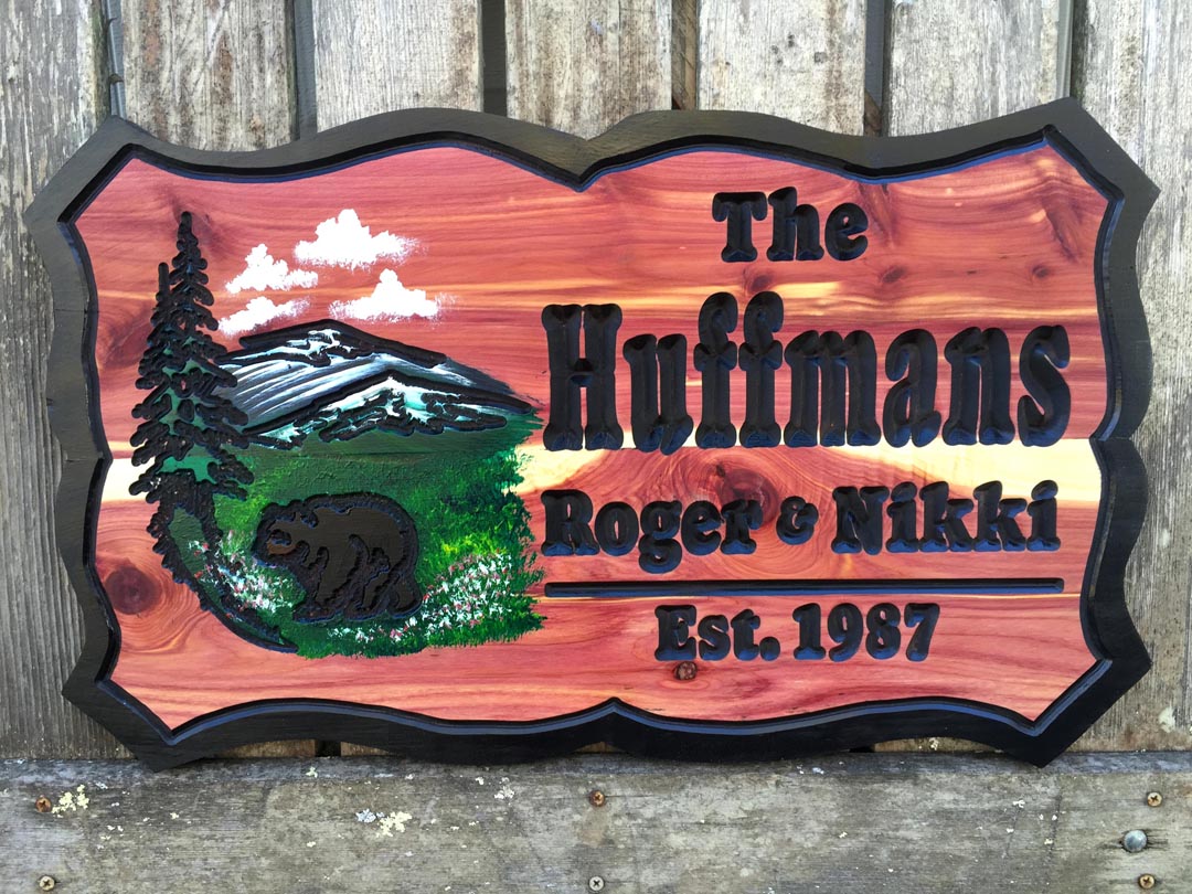 Black Bear, Trees and Mountains Custom Wood Sign (Huffman)